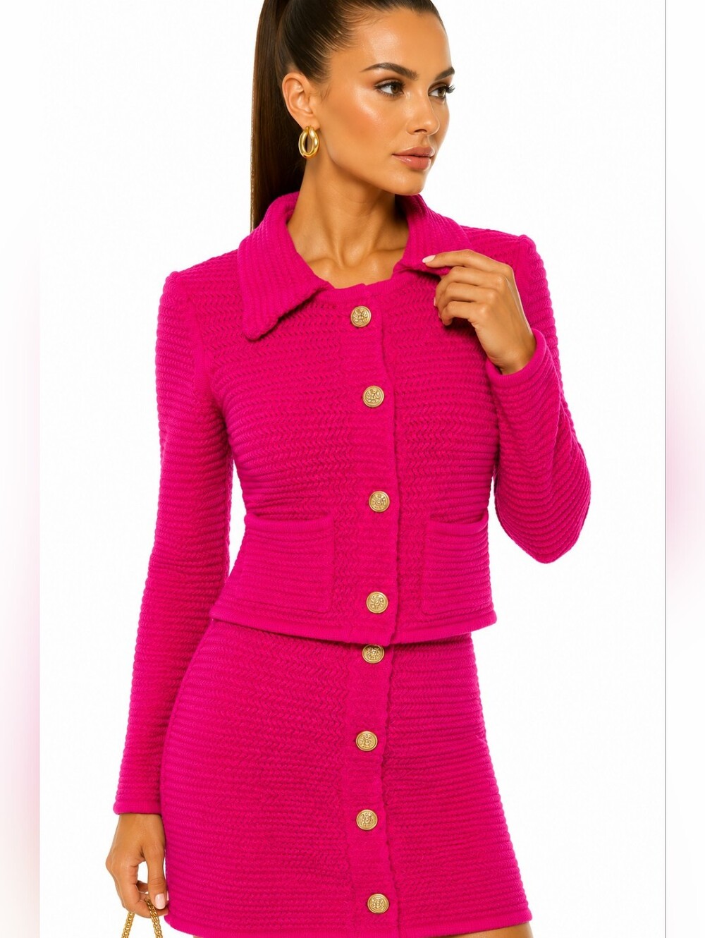 NWT Torn by Ronny Kobo Pink Textured Knit Cardigan & Mini Skirt Set XS